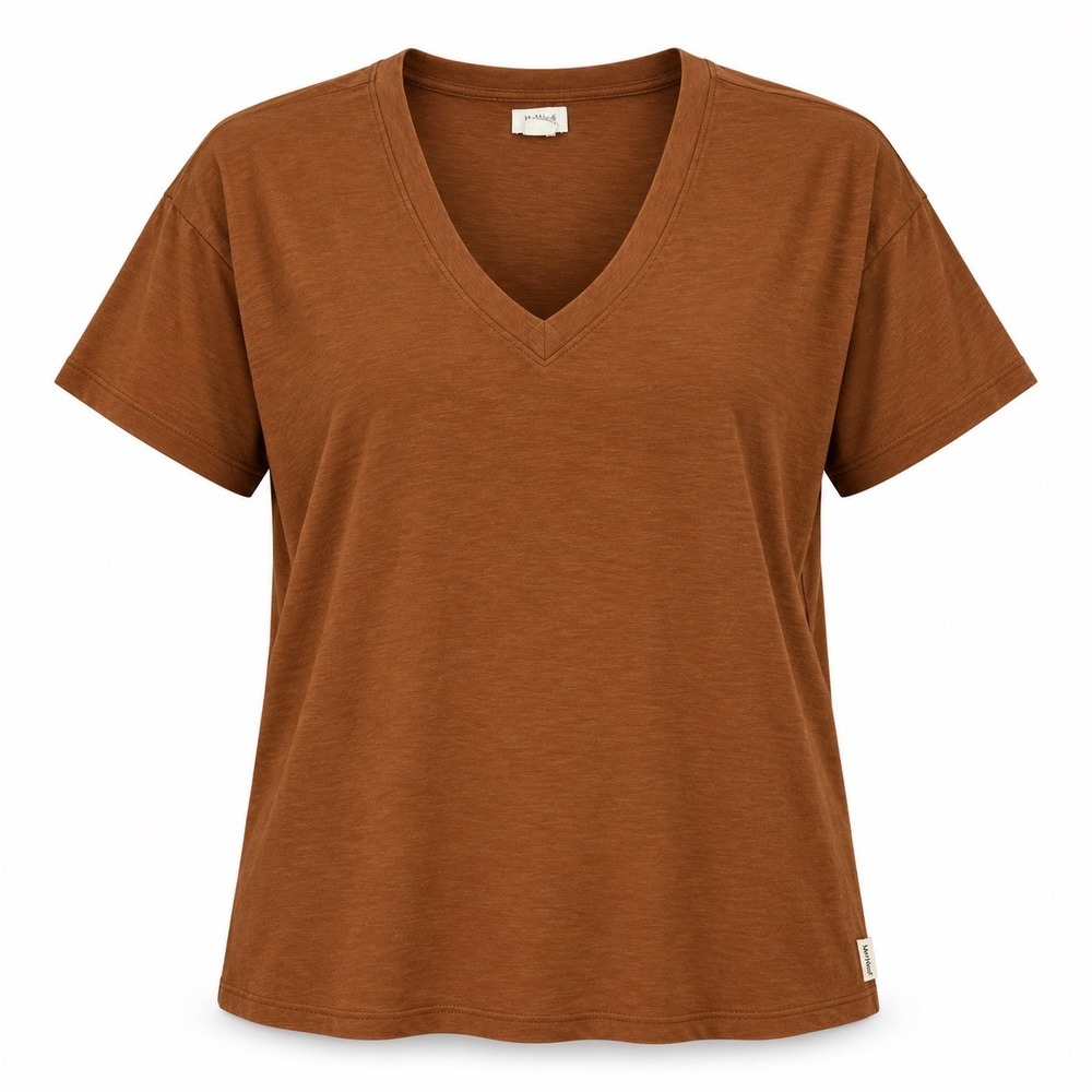 UpWest Womens Small Tobacco Brown Slub Jersey V-Neck Short Sleeve Boxy Tee Shirt
